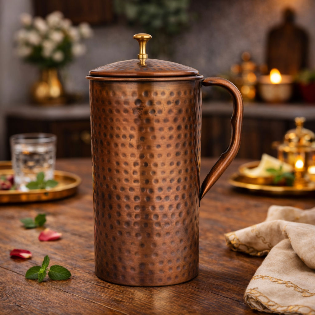 Pure copper hammered antique design jug, pitcher with brass knob on lid dark hammered, 1500 ML